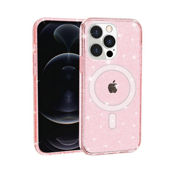 Frusde Glitter Magnetic Case for iPhone 13 Pro Max Compatible with Magsafe, Crystal Bling Shockproof Protective Clear Case-Pink