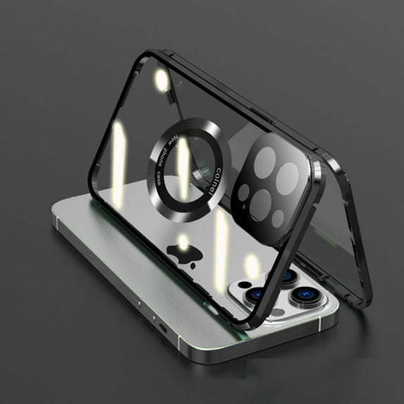 Frusde for iPhone 15 Pro Max Clear Magnetic Magsafe Case Tempered Glass Double-Sided Metal Bumper Case-Black