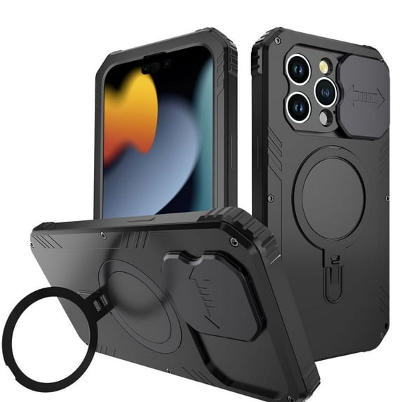 Frusde for iPhone 15 Pro Max Magnetic Magsafe Case with Screen Protector & Camera Cover Shockproof Kickstand Case-Black