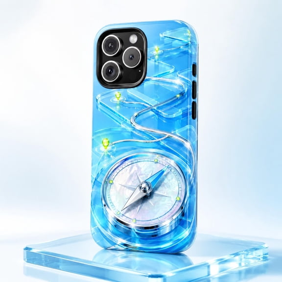 Frutiger Aero Y2K Aqua GPS Compass Navigation Tough Phone Case, Dual-Layer Protective Cover for iPhone