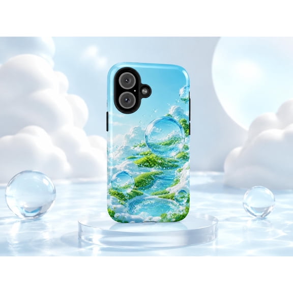 Frutiger Aero Y2K Aqua Glass Bubble Landscape Tough Phone Case, Dual-Layer Protective Cover for iPhone