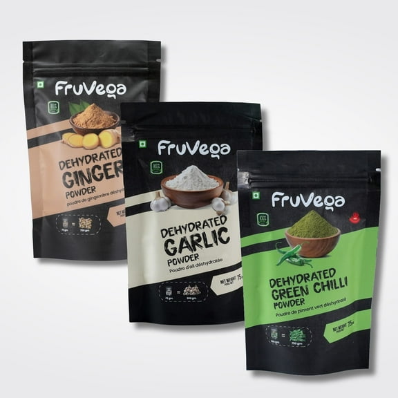Fruvega Value Pack – Ginger + Garlic + Green Chilli Powder | Clean Label Triple Spice Combo, 2.65oz Each  8 oz pack