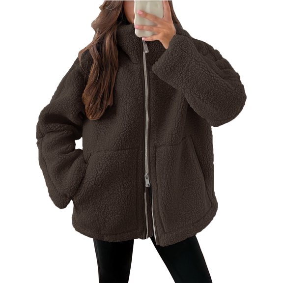 DYTTDG Women's Fashion Plush Jacket Solid Color Zip Up Coat Winter Warm Casual Jacket with Pockets on Clearance Christmas Gift