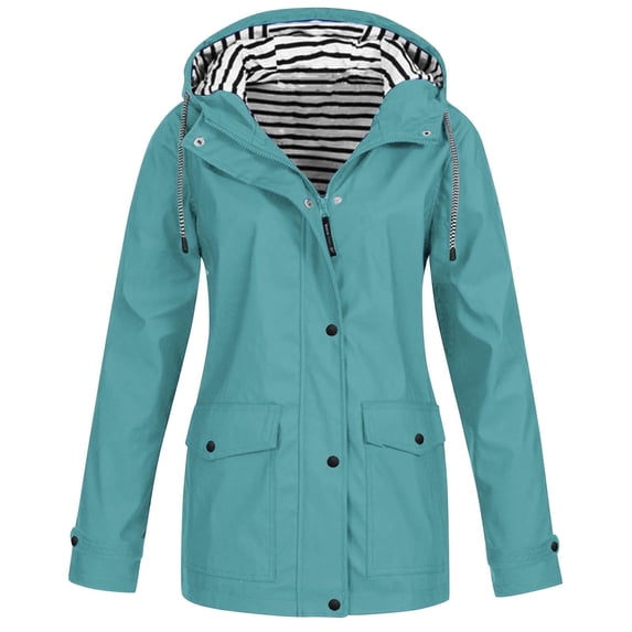 DYTTDG Women's Outdoor Waterproof Jacket Casual Striped Button Zipper Long Windbreaker Coat Drawstring Hooded Jacket with Pockets Great Gifts for Less