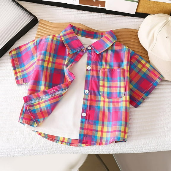 Frwgonr Big Boys T-shirts Casual Button Down Shirts Stretch Dress Shirs Short Sleeve Plaid Summer Shirts for Boy 1-11 Years, Hot Pink