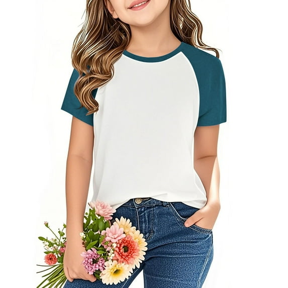 Frwgonr Big Girls T-shirts Casual Raglan Short Sleeve Crewneck Color Block Summer Tees 3-14 Years, Blue