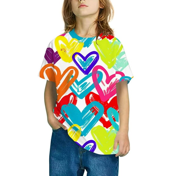 Frwgonr Big Girls T-shirts Short Sleeve Heart T Shirts Kids Crew Neck Casual Loose Summer Tops Size 3T-10, Multicolor