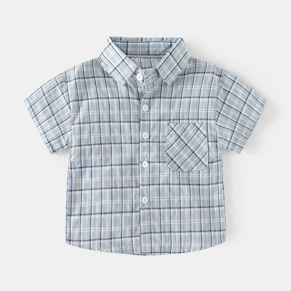 Frwgonr Boys Athletic T-shirts Casual Button Down Shirts Stretch Dress Shirs Short Sleeve Plaid Summer Shirts for Boy 2-8 Years, Blue