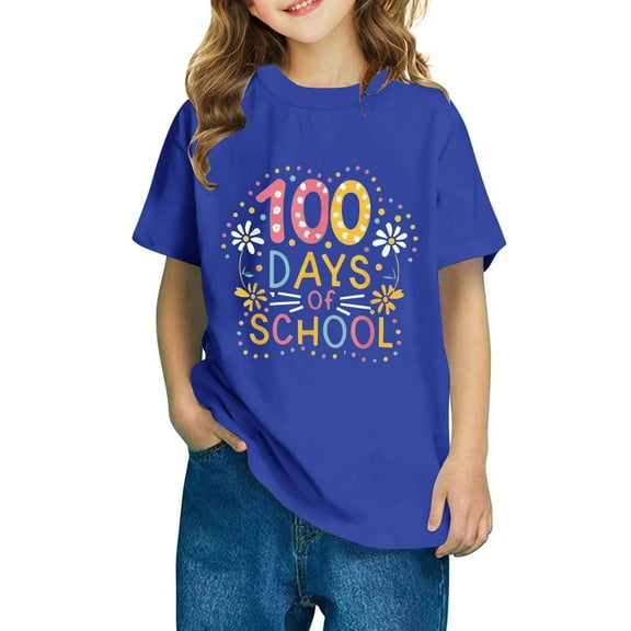 Frwgonr Boys Girls Graphic Tees Blue Kids 100th Day of School T-Shirt Celebration Top 3-14 Years