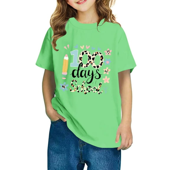 Frwgonr Boys Girls Graphic Tees Green Kids 100th Day of School T-Shirt Celebration Top 3-14