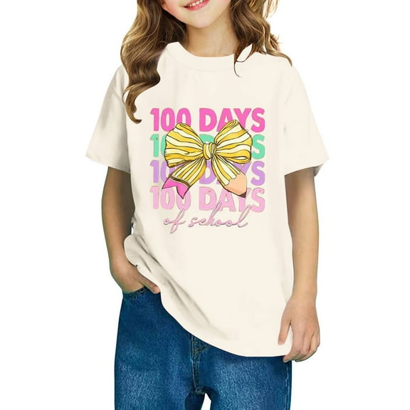 Frwgonr Boys Girls Short Sleeve Shirts Beige Kids 100th Day of School T-Shirt Celebration Top 3-14