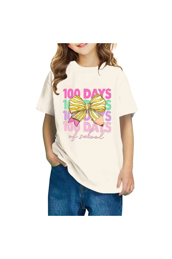Boys Girls Short Sleeve Shirts Beige Kids 100th Day of School T-Shirt Celebration Top 3-14