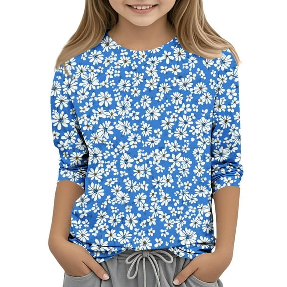 Frwgonr Boys Girls Short Sleeve Shirts Blue Kids 3/4 Sleeve Cute Tops Graphic Crew Neck Shirts Soft Summer Tees 3-12