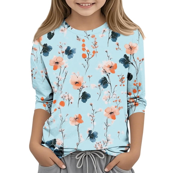 Frwgonr Boys Girls T-Shirts Blue Kids 3/4 Sleeve Cute Tops Graphic Crew Neck Shirts Soft Summer Tees 3-12 Years