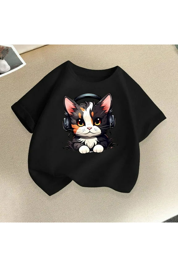 Boys Girls Tshirt Black Kids Summer Casual Daily Shirt Fashionable Graphic Tops Tee 2T-14