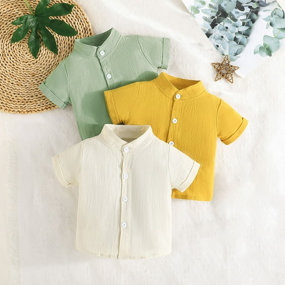 Frwgonr Boys Vacation T-shirts 3-Pack Short Sleeve Button Down Dress Shirts Toddler School Uniform Shirt 6M-3T, Multicolor