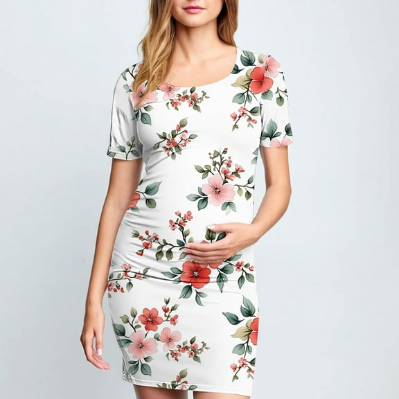 Frwgonr Casual Maternity Dress Multicolor Crew Neck Bodycon Dress Short Sleeve Baby Shower Dress Casual Lounge Pregnancy Dress S-XL