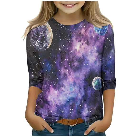 Frwgonr Cute T Shirts for Boys Girls Purple 3/4 Sleeve Crewneck T Shirt Lightweight Casual School Fashion Daily Spring Summer Shirt 3T-12
