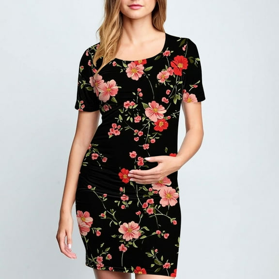 Frwgonr Floral Maternity Dress Multicolor Crew Neck Bodycon Dress Short Sleeve Baby Shower Dress Casual Lounge Pregnancy Dress S-XL