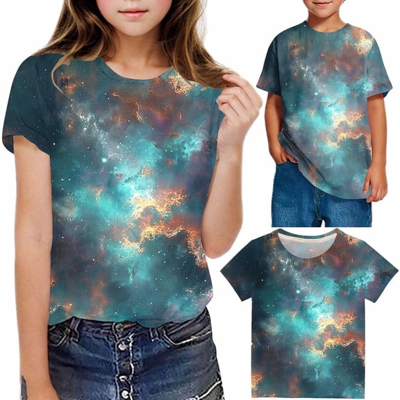 Frwgonr Girls Athletic Shirts Soft Space Tees Kids Boys Casual Tshirts Clothes Summer Tops Blue, Size 3-14 Years