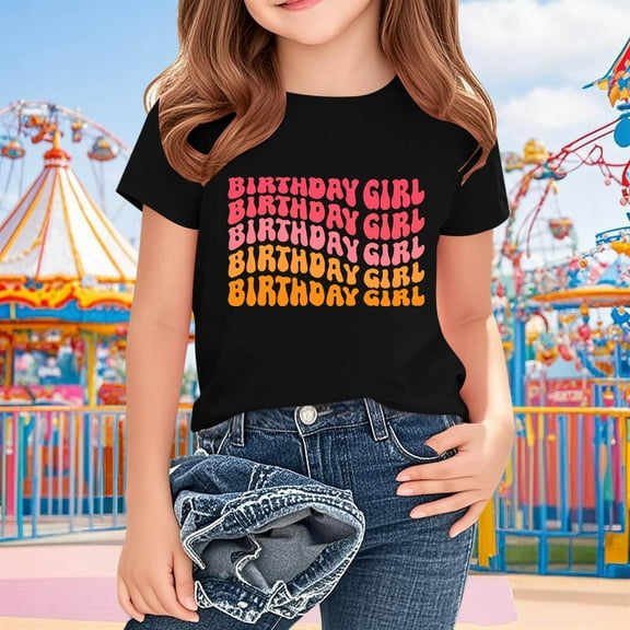 Frnrwgo Girls Birthday T-shirts Short Sleeves Blouse Crewneck Birthday Graphic Summer Kids Tee Tops 2-15 Years, Black