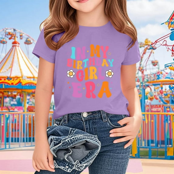 Frnrwgo Girls Birthday T-shirts Short Sleeves Blouse Crewneck Birthday Graphic Summer Kids Tee Tops 2-15 Years, Purple