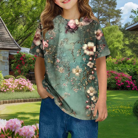 Frwgonr Girls Lounge T-shirts Summer Short Sleeve T Shirts Kids Flower Tees Crewneck Tops Size 3T-14, Mint Green