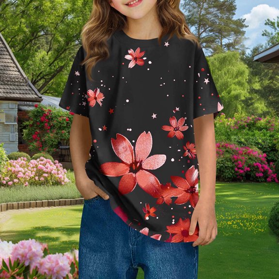 Frwgonr Girls Short Sleeve T-shirts Short Sleeve T Shirts Kids Summer Tops Crewneck Basic Graphic Tees 3T-14, Red