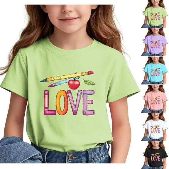 Frwgonr Girls Stretchy T-Shirts Short Sleeve Girls Casual Shirts Graphic Tops Back of School Clothes Sky Blue, Size 3-15 Years