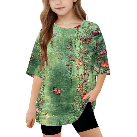 Frwgonr Girls Stretchy T-shirts Kids Summer Fashion Crewneck Tops Casual Tees 5-15 Years, Multicolor