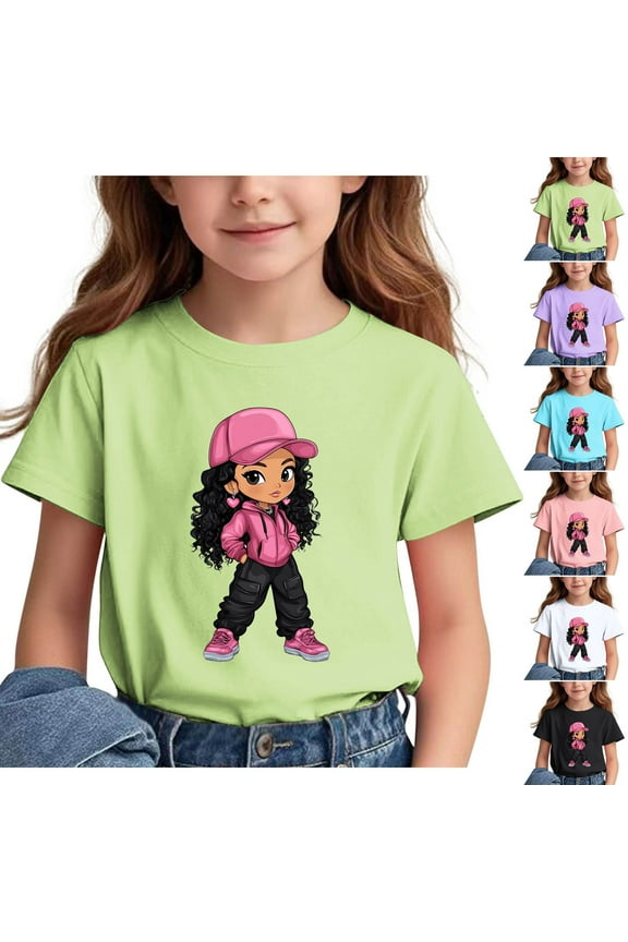 Girls T-Shirts Short Sleeve Girls Casual Shirts Graphic Tops Back of School Clothes Black, Size 3-15 Years
