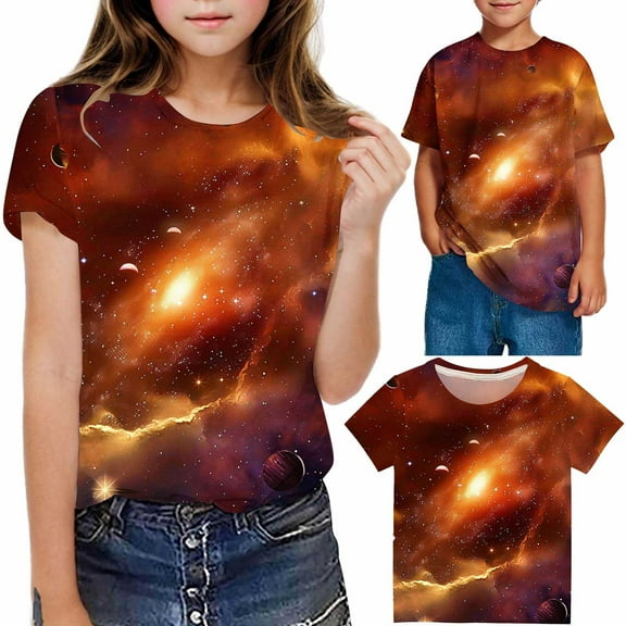 Frwgonr Girls T-Shirts Soft Space Tees Kids Boys Casual Tshirts Clothes Summer Tops Orange, Size 3-14 Years