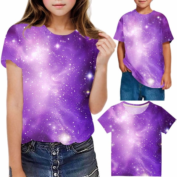 Frwgonr Girls T-Shirts Soft Space Tees Kids Boys Casual Tshirts Clothes Summer Tops Purple, Size 3-14 Years