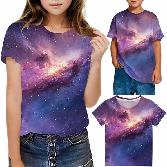 Frwgonr Girls T-Shirts Soft Space Tees Kids Boys Casual Tshirts Clothes Summer Tops Purple, Size 3-14 Years