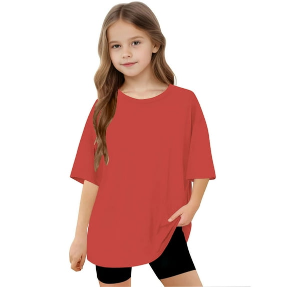 Frnrwgo Girls T-shirts Kids Casual Crewneck Short Sleeve Loose Basic Tee Tops 5-15 Years, Red
