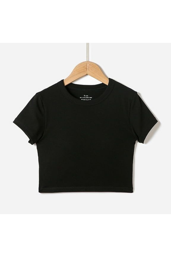 Girls T-shirts Kids Summer Crewneck Short Sleeve Fashion Crop Tops Tees with Built-in Bra Size 14-20, Black