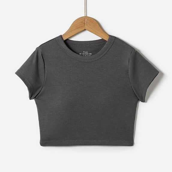 Frwgonr Girls T-shirts Kids Summer Crewneck Short Sleeve Fashion Crop Tops Tees with Built-in Bra Size 14-20, Dark Gray
