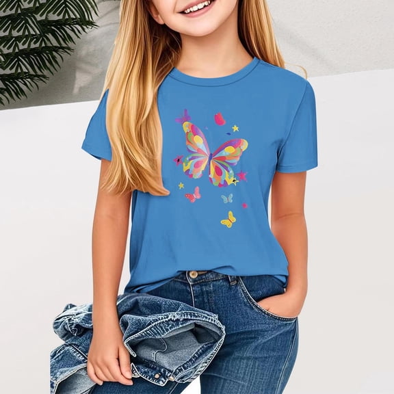 Frwgonr Girls T-shirts Short Sleeve Shirts for Girls Kids T-Shirts Tees Summer Tops 1-13 Years, Blue