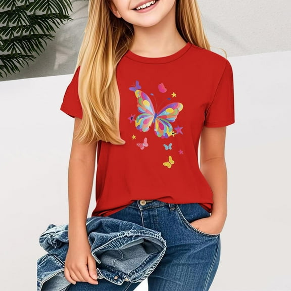 Frnrwgo Girls T-shirts Short Sleeve Shirts for Girls Kids T-Shirts Tees Summer Tops 1-13 Years, Red