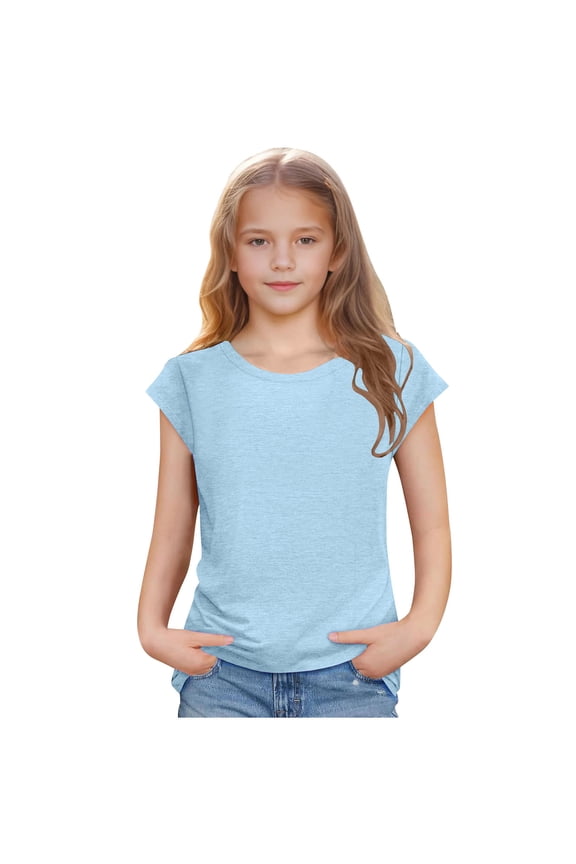 Girls T-shirts Summer Short Sleeve T Shirts Kids Basic Tees Crewneck Tops Size 1T-10, Blue