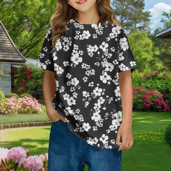 Frwgonr Girls T-shirts Summer Short Sleeve T Shirts Kids Boys Graphic Tees Crewneck Tops 3-14 Years, Black
