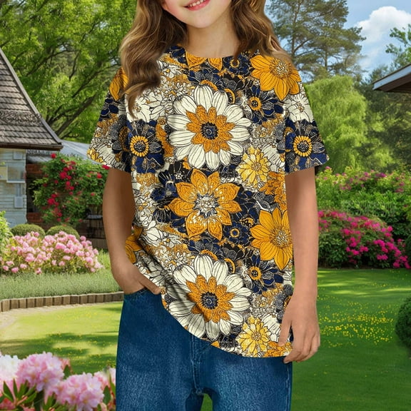 Frwgonr Girls T-shirts Summer Short Sleeve T Shirts Kids Flower Tees Crewneck Tops 3-14 Years, Yellow
