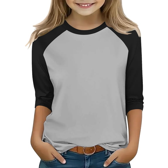 Frnrwgo Girls Tagless Top Size 3T-14 Crewneck Raglan 3/4 Sleeve Shirts Clothes Cute Pullovers Tops Gray