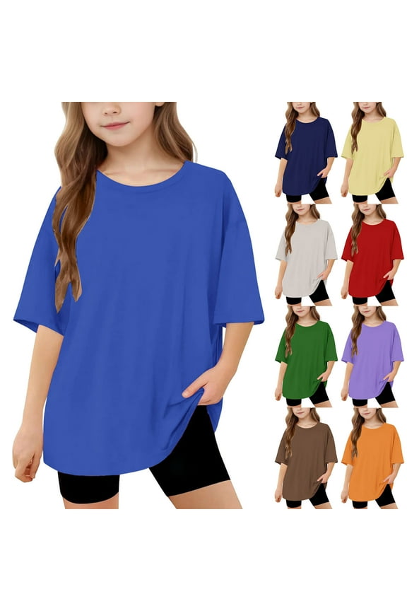 Girls Tees Kids Casual Crewneck Short Sleeve Loose Basic Tee Tops for Boys Navy, Size 5-15 Years