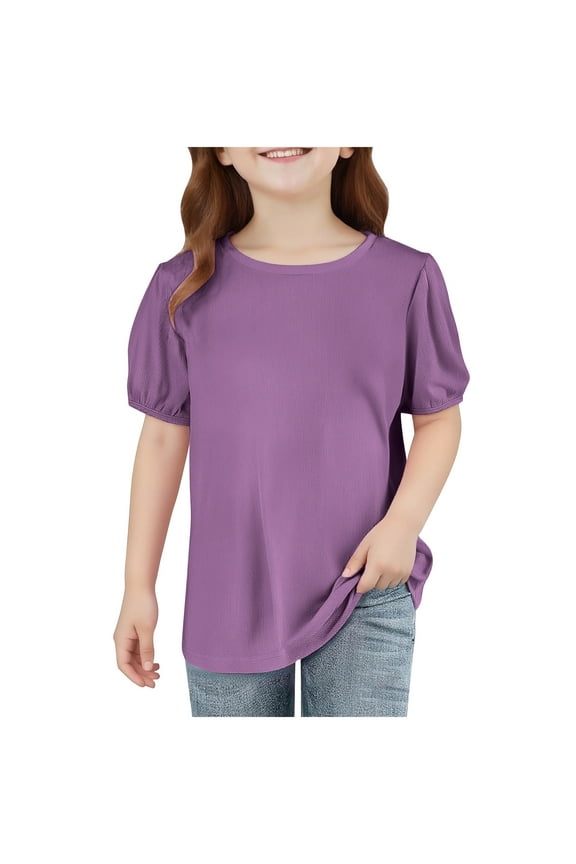 Girls Trendy T-shirts Puff Short Sleeve Tops Kids Summer T Shirts Crewneck Fashion Tees Size 1T-9, Purple