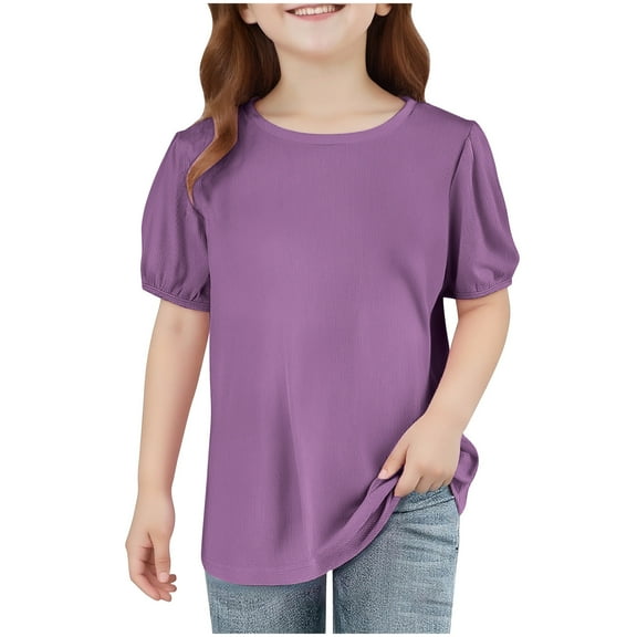 Frnrwgo Girls Trendy T-shirts Puff Short Sleeve Tops Kids Summer T Shirts Crewneck Fashion Tees Size 1T-9, Purple