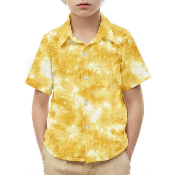 Frwgonr Graphic Boys T-shirts Short Sleeve Dress Shirts Kids Summer School Uniform Button Down Shirt Yellow, Size 2-15 Years