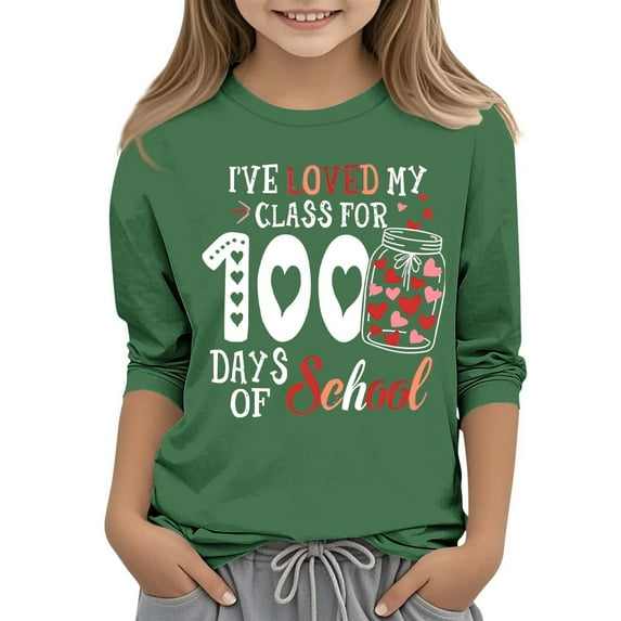 Frwgonr Graphic Tees for Boys Girls Green 3/4 Sleeve 100th Day of School T-Shirt Celebration Gifts Top 3-12 Years
