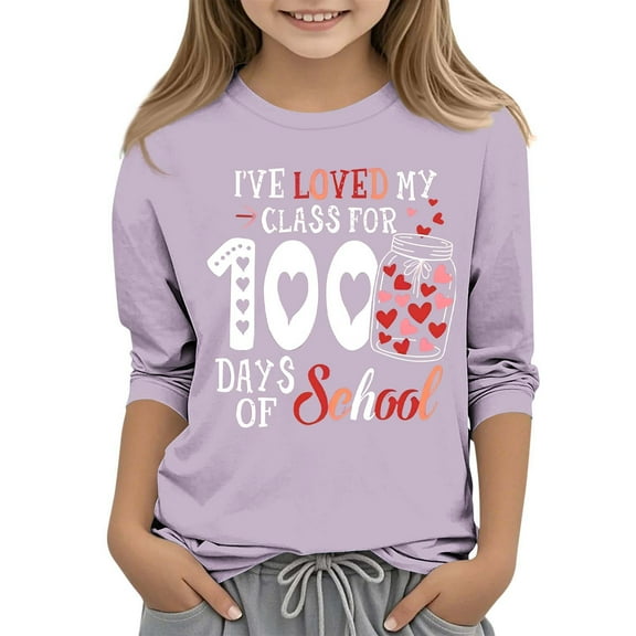 Frwgonr Graphic Tees for Boys Girls Purple 3/4 Sleeve 100th Day of School T-Shirt Celebration Gifts Top 3-12 Years