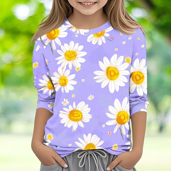 Frwgonr Kids 3/4 Sleeve Shirts for Boys Purple Kids Crewneck Tops Casual Fashion Tees Size 3T-12
